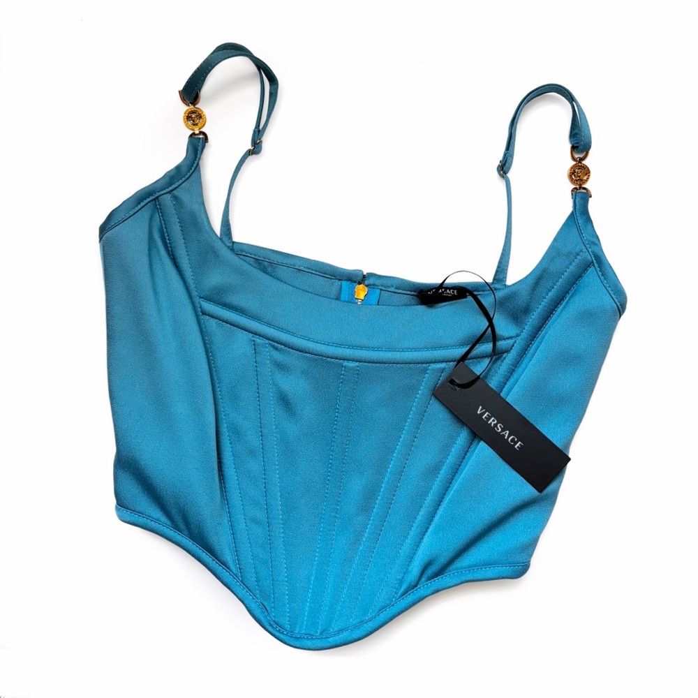 VERSACE Medusa '95 Satin Corset Top Turquoise Blue